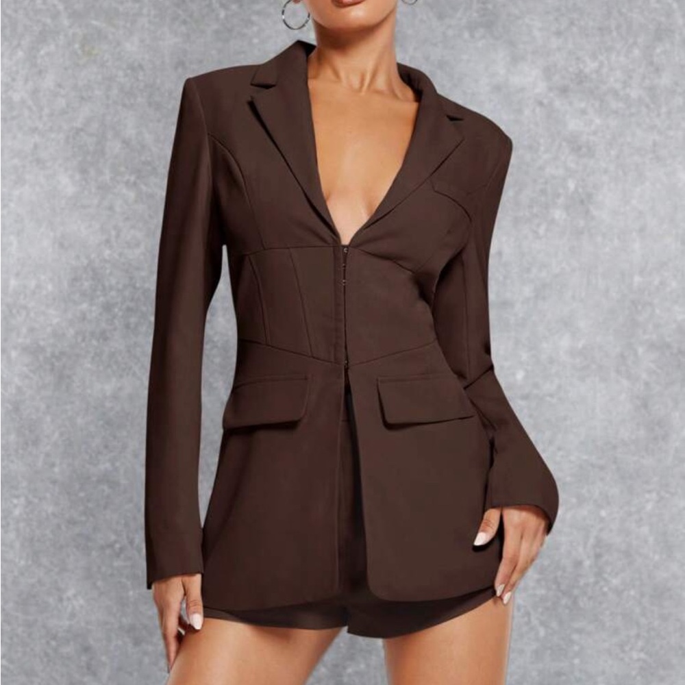Elegant Brown Women's Blazer and Shorts set